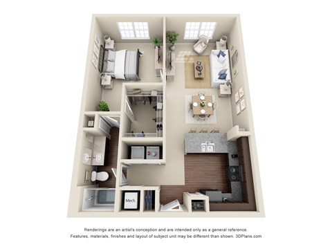 Floor plan for 1 bed, 1 bath, 878 sqft